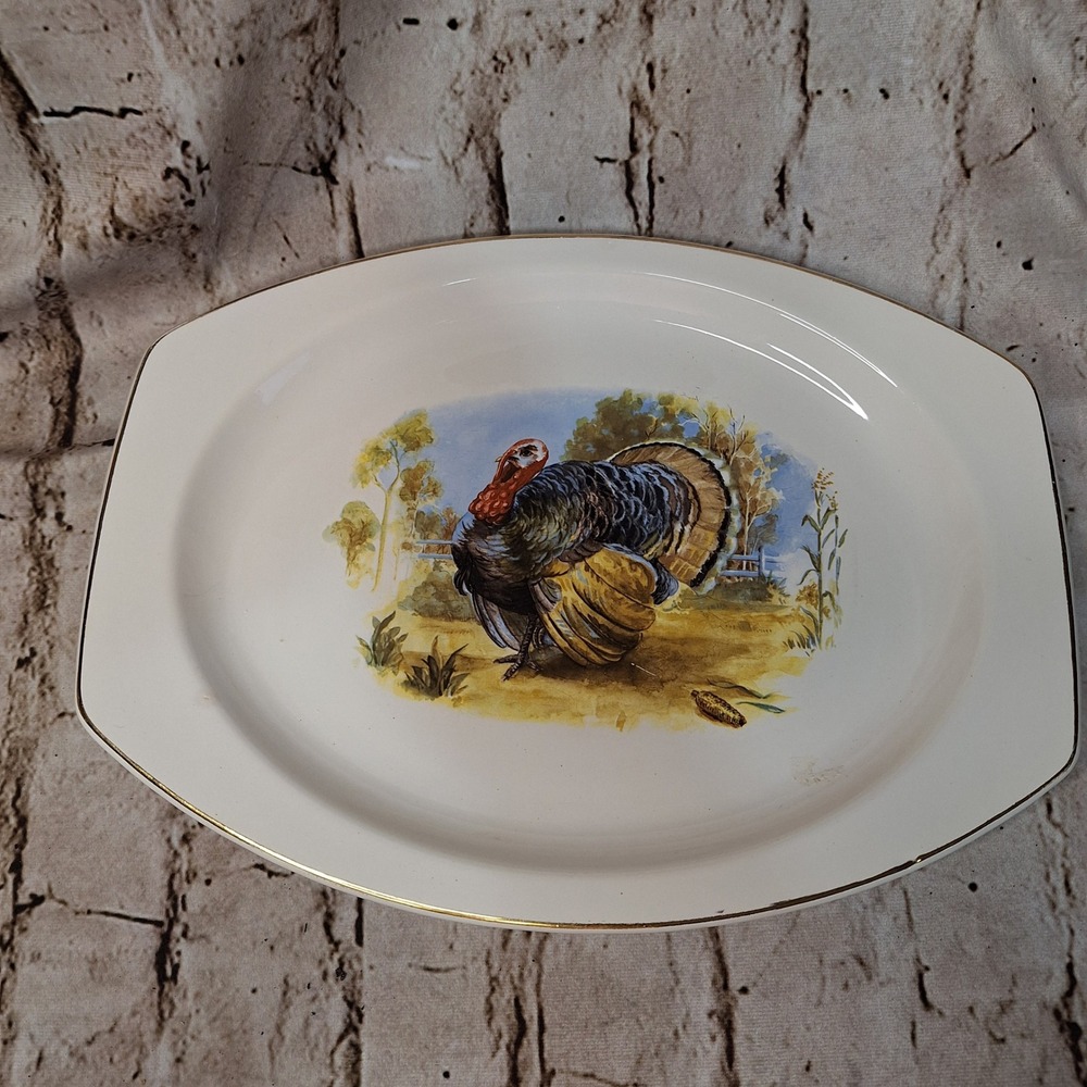Vintage Kenilworth USA Turkey Serving Platter Thanksgiving Oval Gold Rim 15x11in